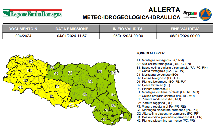 Allerta meteo: venerdì 5 gennaio, criticità idraulica